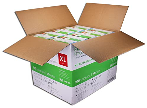Eukamed Hygiene GmbH Nitril-Handschuhe XL, 1000 Stück, puderfrei, latexfrei, hypoallergen, Lebensmittelhandschuhe, medizinische Einweghandschuhe (Karton mit 10 Pack á 100 Stück)(Größe XL)