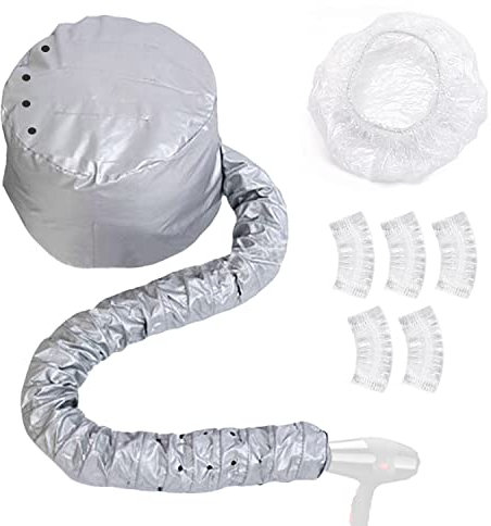 1 Stück Motorhaube Kapuze Haartrockner Aufsatz und fünf transparente Badekappen, Trockenkappe, dehnbare und verlängerte Schlauchlänge Haartrocknungshaube (grau)