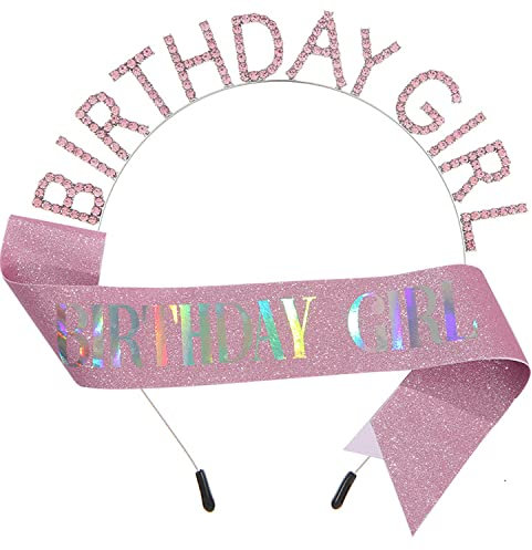ZHOUHON Geburtstag Kopfschmuck, Geburtstag Schärpe, Mädchen Kristall Tiara, Girls Birthday Party Decorations Set (Silber) (Rosa)