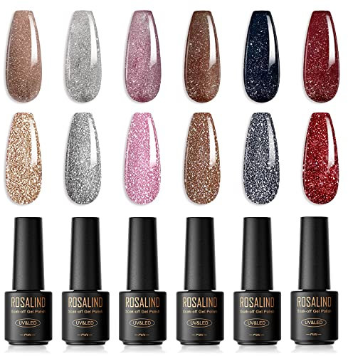 ROSALIND Esmalte de uñas semipermanente, 6 Colores Mini Plata Rosa Negro Rojo Brillante Pintauñas Gel de esmalte de uñas de Gel Manicura Nail Art Lote Soak Off UV LED esmalte de uñas