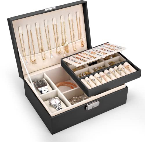 Pystuvo Jewellery Box for Women, 2-Layer Large Jewellery Organiser Box with 2 Watch Pillows, PU Leather, Travel Jewellery Organiser for Earrings Rings Necklaces Watches Bracelets,Black