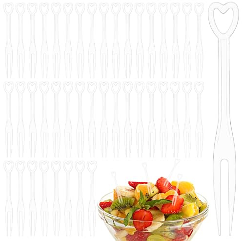 COMNICO Plastic Fruit Cake Forks 100pcs Transparent Heart Shaped Mini Light Luxury Cocktail Fork Picks Decoration Tiny Tasting Appetizer Dessert Cheese Food Toothpick Sticks