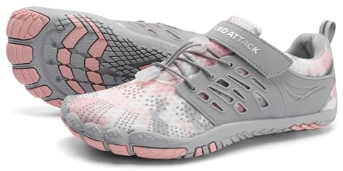 Grand Attack Barefoot Shoes Women,Wide Toe Box Minimalist Zero Drop Walking Shoes Lightweight Cross Training Trail Running Wrestling Weightlifting Fitness Rock Climbing Gym Sneakers Grey Pinksize 6