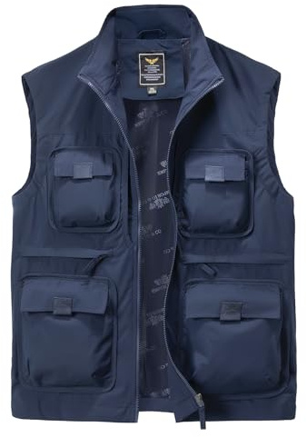 Harbrosrce Chaleco de pesca para hombre, sin mangas, chaleco de secado rápido, múltiples bolsillos, para trabajo, safari, fotografía, senderismo, Azul oscuro, XL