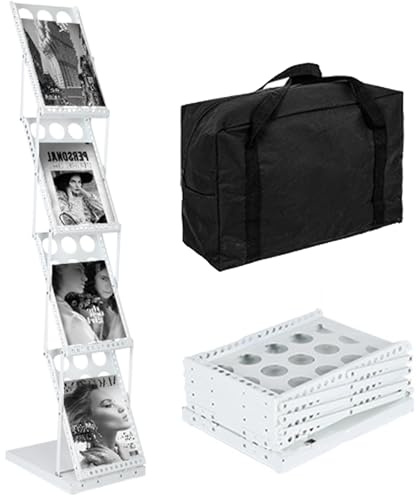 KEBMCHN Opuscolo formato A4, catalogo letterario, supporto rivista pieghevole, supporto per catalogo, portatile, in metallo, nero, design con fori con la borsa, Porta depliant da Terra (bianco)