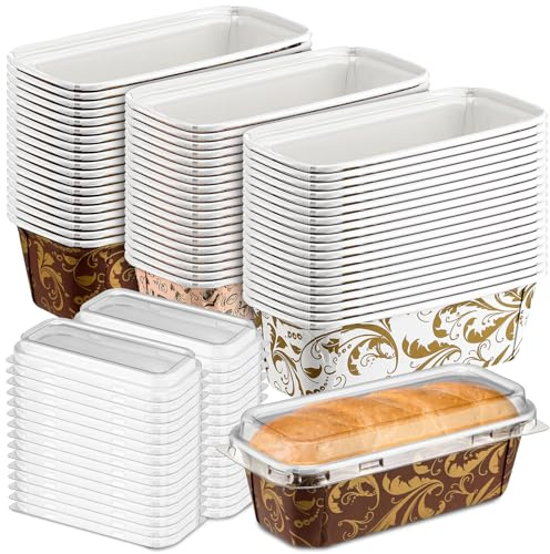Baderke 60 Pcs 6 x 2.5 x 2 Inches Paper Loaf Pan Disposable Paper Baking Pan with Lids Kraft Pans Supply for Graduation Party Cake Bread Oven Loaf Bakery Holiday Gifts