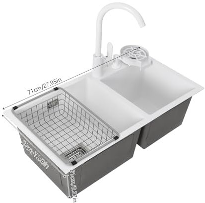 Lavello da cucina doppio, in acciaio inox, con rubinetto e scolapiatti per cucina, ristorante o bar, 71 x 38 cm, 2 vasche Topmount Undermount con rivestimento nano (bianco)