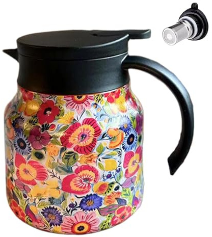, con colino - termico con stampa floreale isolato da 800 ml,Teiere a foglia sfusa con brocca isolata in acciaio inossidabile per la casa, area di lavoro, ristorante