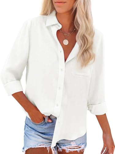 IPMQ Womens Button Down Shirts Cotton Linen Long Sleeve Dress Shirts Casual Summer Tops Work Blouses with Pockets White