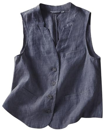 Generisch 2025 Chaleco de mujer de algodón y lino casual suelto con cuello en V chaleco sin mangas de piel sintética para mujer negro, marine, L