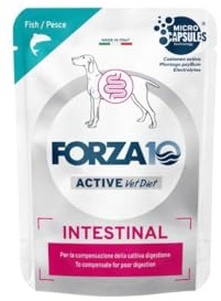 Forza 10 Umido Cane INTESTINAL, alimento completo dietetico per cani adulti di tutte le taglie e razze con disturbi intestinali gusto PESCE, for dogs | 12 bustine da 100 grammi l'una.