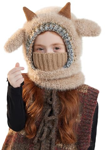 TAGVO Gorro Infantil de Invierno con Bufanda & Cubierta Facial, Beanie Suave Forrado de Polar con Divertidos Cuernos para Niños y Niñas 3–6 Años, Pasamontañas Cálido a Prueba de Viento