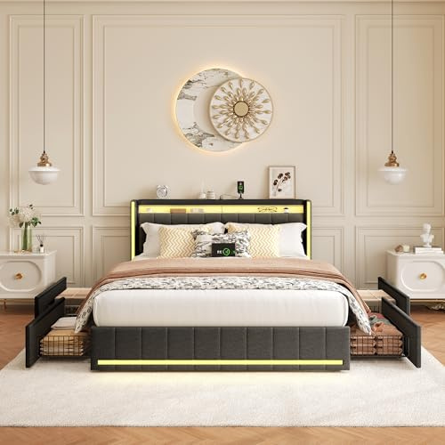 TIMORWTF Sängram 180 x 200 med LED och USB, bagagesäng 180 x 200 med 4 förvaringslådor och vadderad sänggavel, dubbelsängar med ribbotten, 2 personer för vuxna, mörkgrå linne