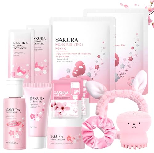 12 Pièces Sakura Ensemble de Soins de la Peau, avec Crème Nettoyante, Démaquillant, Crème Visage, Masque pour le Visage, Coffret Cadeau de Soins de la Peau pour Adolescentes et Femmes