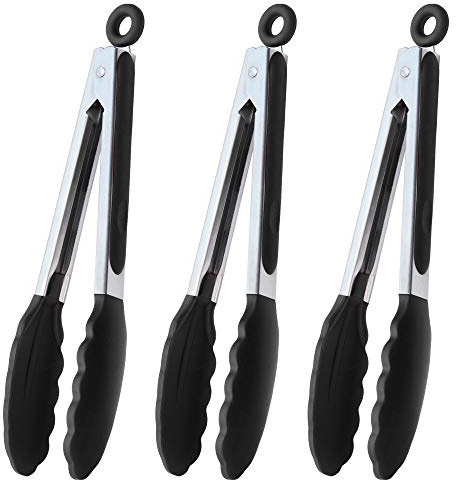 HINMAY Serving Tongs 9-Inch Cooking Tongs with Silicone Tips, Set of 3 (Black)
