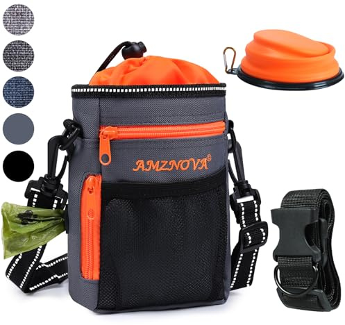 AMZNOVA Dog Treat Bag Treatkit Dog Treat Pouch, Waist Clip On Crossbody Fanny Pack for Pet, Training Pouch with Shoulder Strap & Waist Belt for Walking & Training, 6Cups, Grey