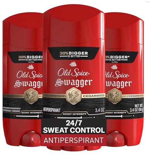 Old Spice Antiperspirant Deodorant for Men, 24/7 Sweat & Odor Protection, 24/7 Lasting Freshness, Invisible Solid, Swagger with Cedarwood Scent, 3.4 oz (Pack of 3)