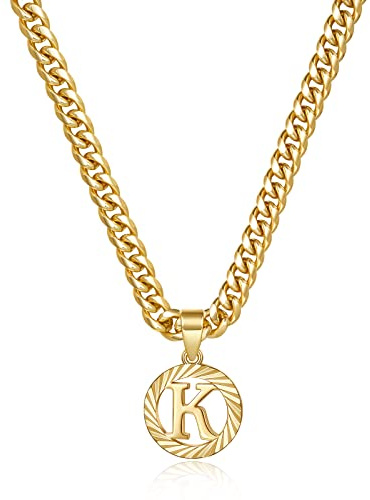 KissYan Gold Initial Necklace,14K Gold Plated Round Letter Pendant Hollow Capital Monogram 5mm Cuban Chain Necklace Alhpabets from A-Z Dainty Jewelry for Women Men(Gold K)