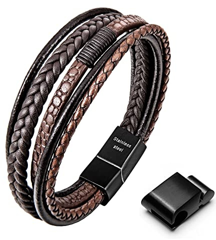 Speroto Mens Bracelet, Adjustable Premium Leather Bracelet for Men Black Brown with Stainless Steel, Multi-Layer Braided Genuine Leather Bracelet Gift for Men/Women (Brown Style B, 23.50)