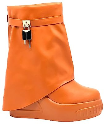 Liliana Women Round Toe Wedge Heel Fold Over Mid-calf Boots Brook-1 Orange Pu 9