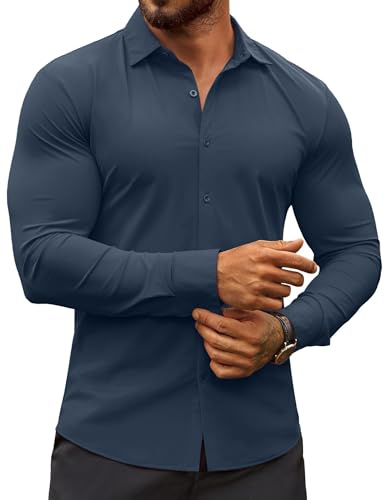COOFANDY Men's Wrinkle Free Dress Shirts Muscle Fit Button Down Shirt Speard Collar Stretch Dress Shirts Dark Blue