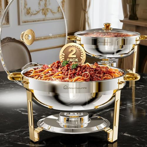 WARMOUNTS Chafing Dish Buffet with Glass Lid 5L 2 Pack, Round Food Warmer for Catering Buffet with Lid Holder, Mirror-Polished Rolled-Rim Food-Grade Stainless Steel Chafer for Party