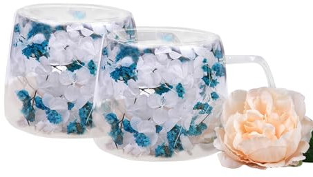 LeKuni Lot de 2 Tasses Double Paroi Avec Fleurs Séchées, 200ml Verre Double Paroi, Tasses À Expresso En Verre Transparent Pour Cappuccino, Expresso, Latte, Thé -Bleu