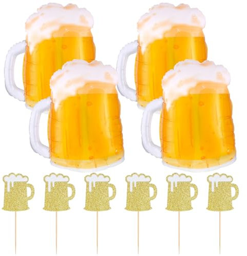 TYFGRT 4 Globos De Cerveza, 6 Piezas De Inserciones para Pastel De Cerveza, Globos Gigantes De Jarra De Cerveza, Globos De Decoración De Cumpleaños, Globos De Fondo Fotográfico, Fiestas Temáticas
