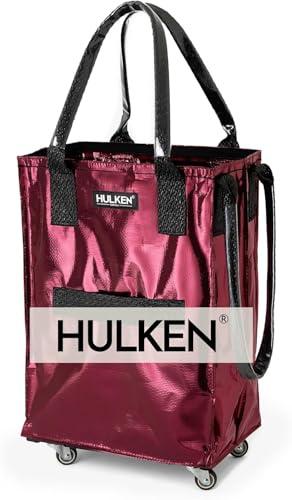 HULKEN (Small, Cosmic Red) Reusable Grocery Bag On Wheels, Shopping Trolley, Rolling Tote, Zipper Closure, Lightweight, Carries Up to 66 lb, Folds Flat