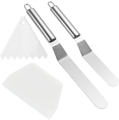 SUpoetry 4 Pièces Spatule Patisserie, Petit Spatule Coudée + Grand Spatule Coudée Patisserie + Spatule à Glaçage Triangle + Couteau à Gâteau Carré, pour Tartiner La Crème, Gâteaux, Cuisson
