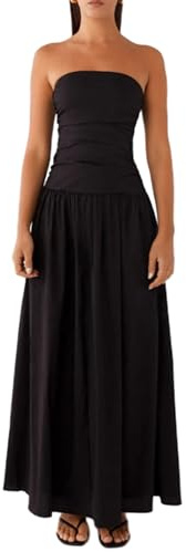 Felcia Trägerloses Maxikleid für Damen, schulterfrei, ärmellos, gerüscht, figurbetont, Bandeau-Kleid, langes Kleid, rückenfrei, lässig, fließendes Sommerkleid, Schwarz A, L