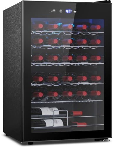 COWSAR 37 Bottle Wine Fridge, Freestanding Commercial Beverage Refrigerator with Smart Temp Control, 4.45 Cu.Ft Mini Fridge Wine Cooler with Child Lock& Wavy Wire Shelves for Kitchen Bar, Black