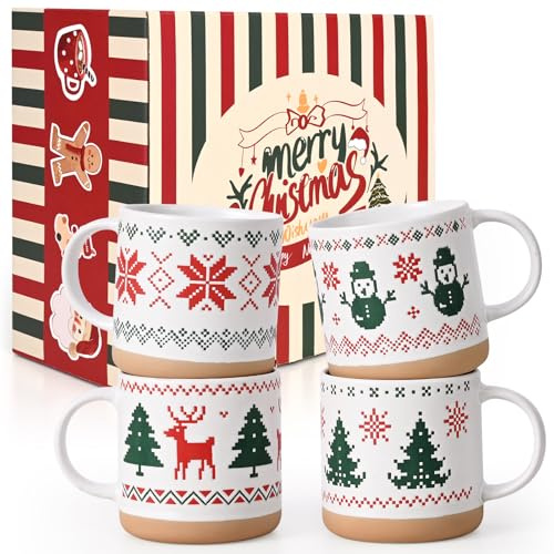 Joymaking Set di 4 tazze di Natale per donne, amici, con albero di Natale, pupazzo di neve, renna, tazza di Natale per cacao caldo, 380 ml
