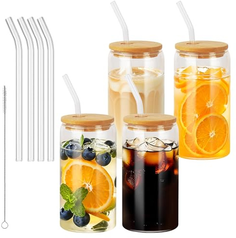 Nuangoo 4 Piezas 500 ml Taza de Té Burbuja con Tapa y Pajita, Vasos para Beber con Tapas de Bambú y Popotes,Vaso de Cristal para Batidos, Latte, Macchiato, Whisky