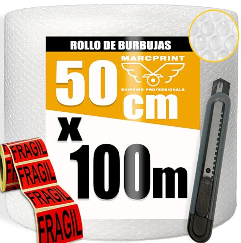 MARCPRINT Rollo Burbuja Embalaje 50 cm x 100 m con Cutter y Pegatinas de Fragil – Papel Burbuja para Mudanzas y Envíos – Plástico de Burbujas Protector Antigolpes – Embalaje Profesional Reutilizable.