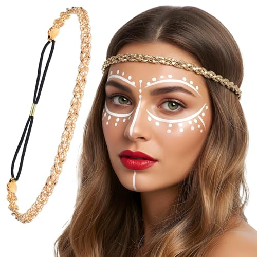 Xindojuz Gold Elastic Rhinestone Headband, 19 Adjustable 70s Headband Sparkly Crystal Disco Braid Headpiece for Women Girls Hair Accessories Singing Dancing Weddings Party Prom(Gold)