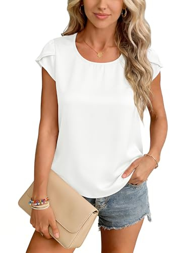 Yommay Ladies Tops Chiffon Summer Soft Lightweight Shirts Elegant Casual T-Shirts Womens Basic Blouses,White,M