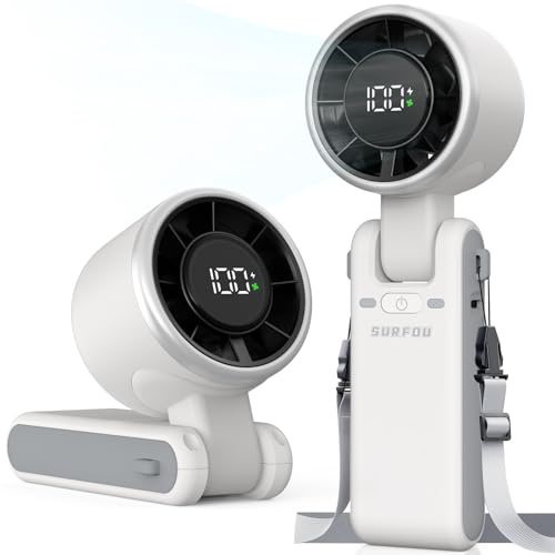 SURFOU Handfläkt 4 000 mAh batteri, bärbar miniturbofläkt med 5 steg, LED-skärm, 3-i-1 vikbar, USB-uppladdning, kraftfull för kontor, resor och utomhus, vit