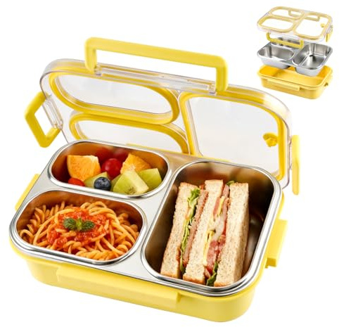 QUTHZZHY Lunchlåda i rostfritt stål för barn, lunchlåda med 3 fack, bentolåda, läckagesäker matlåda i rostfritt stål, BPA-fri lunchlåda för vuxna, för skola dagis kontor