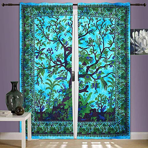 GDONLINE Indian Mandala Window Door Curtain Decor Room Wall Drapes Panel Sheer Tourquoise Tree of Life Mandala Bohemian Curtain Set Cotton Window Treatment Door Hanging
