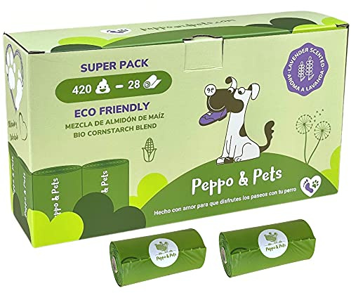 Bolsas caca perro – 420 unidades (28 rollos) – Peppo and Pets – Con olor a lavanda, resistentes, opacas y a prueba de fugas – Bolsas higiénicas mezcla de almidón de maíz