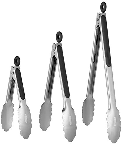 U-Taste Pinza da cucina in acciaio inossidabile con punte in metallo resistente in un unico pezzo e manico rivestito in silicone antiscivolo e bloccaggio liscio per grigliare (18/23/30cm, Nero)