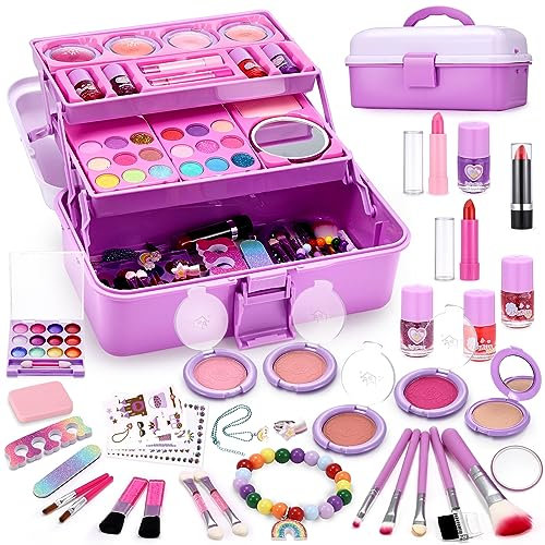 Anpro 68PCS Kinderschminke Set Mädchen, Waschbar Schminke Kinder Schminkkoffer Spielzeug Kindern Make Up Set Rollenspiel Kosmetik Spielzeug Geschenk für Mädchen 3 4 5 6 7 8 9 10 11 12 Jahre（Lila）