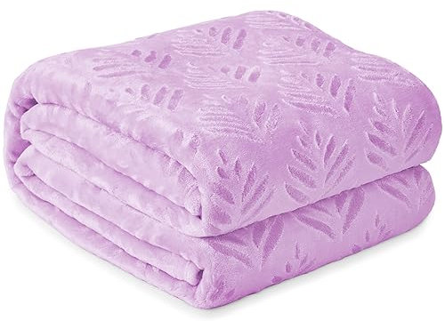 Exclusivo Mezcla King Size Fleece Blanket for Bed, Super Soft and Warm for All Seasons, Plush Fuzzy Leaves Pattern Blanket, Lilac Purple, 230x265 CM