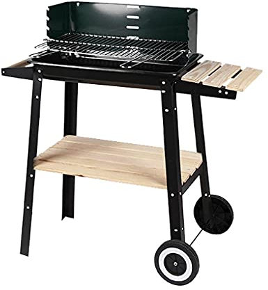 Tragbarer Picknick-Grill, rechteckiger Grillwagen, Holzkohlegrill, mit seitlichen Holztabletts und Ablagefach, mit Rädern, für den Terrassengarten im Freien