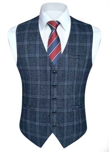 HISDERN Gilet da Uomo Gilets da Abito Blu Elegante Gilet in Cotone Senza Maniche Classico Panciotto con Tasche per Matrimonio Business 2XL
