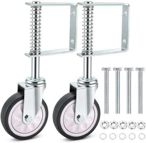 Goaste 2 Pack Spring Loaded Gate Casters, 4 Inch Heavy Duty Gate Wheels, 360 Degree Sliding Gates Wheel, Rubber Gate Support Wheels with Universal Mount Plate for Wooden Gate Metal Gate Fence, 220lbs