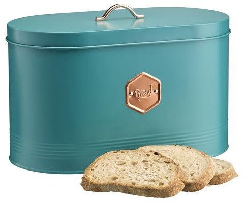 Cooks Professional Bread Bin | Modern Stylish Kitchen Countertop Labelled Metal Storage Canister | Breathable Container Box for Loaves, Pastries, Rolls | Teal & Copper