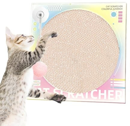 Alfombra de rascar para gatos, cartón para rascar para gatos, gato de tocadiscos retro atrapado, rascador de gato de cartón con bola giratoria de resorte, tabla de rascar para gatos de interés