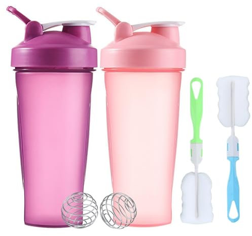 Tokaneit Lot de 2 bouteilles de shakers de protéines shaker à protéines avec 2 boules mixtes en acier inoxydable + 2 brossettes en mousse pour le fitness couvercle anti-fuite avec dragonne, 600 ml